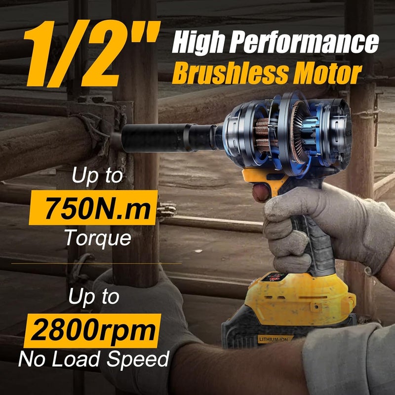 Adedad 1/2 inch Brushless Impact Wrench 750N.m(553 Ft-lbs) 20V High Torque Impact Gun with 2x4.0AH Battery and Fast Charger Cordless Impact Driver for Car,Construction,Building,DIY - Image 5